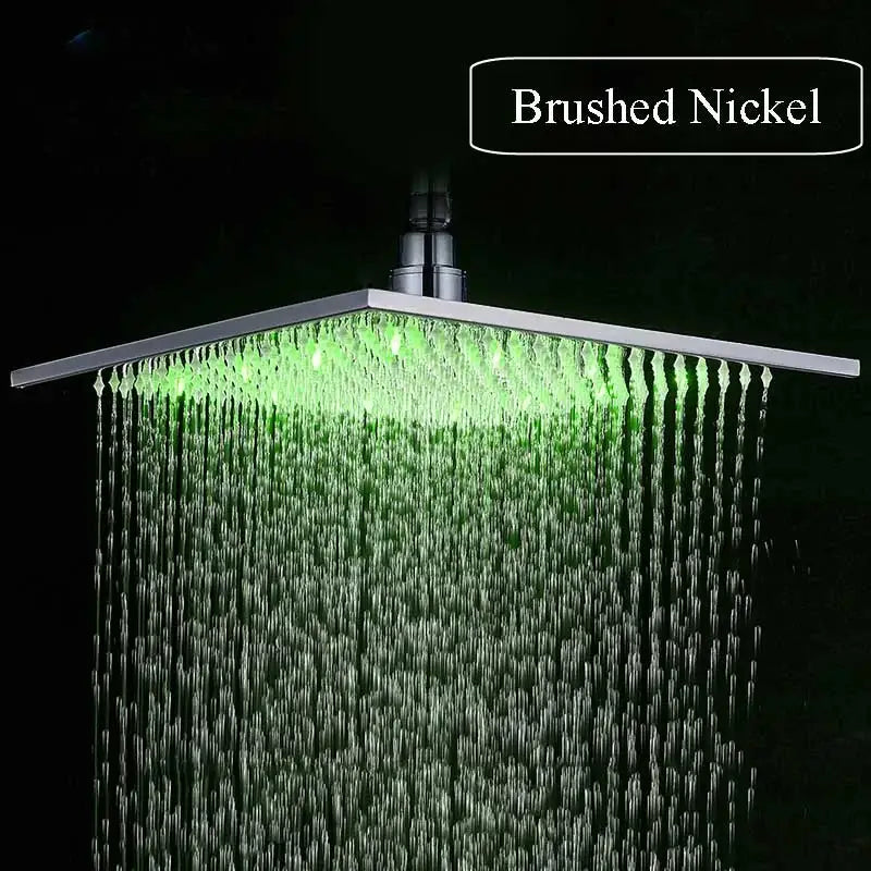 Brushed nickel led rainfall shower head with green led lighting by decorbites for bathroom use
