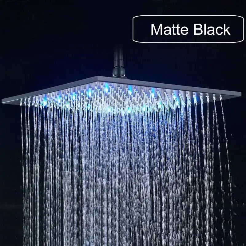 Matte black square shower head with blue led lights in a decorbites brushed nickel led rainfall shower head design
