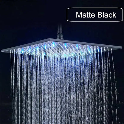Matte black square shower head with blue led lights in a decorbites brushed nickel led rainfall shower head design