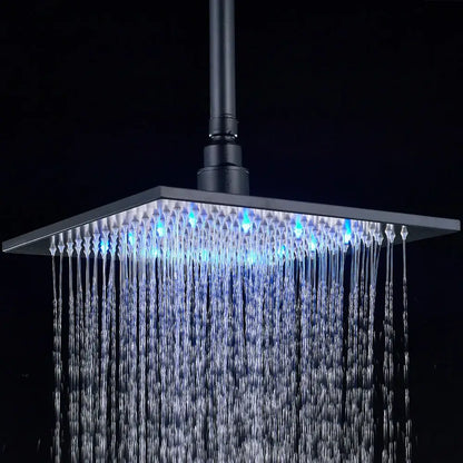 Black square brushed nickel led rainfall shower head with blue lights illuminating water flow decorbites brushed nickel