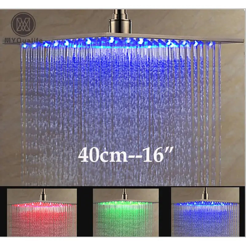 Brushed nickel led rainfall shower head with blue light feature from decorbites for modern bathroom decor