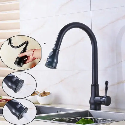 Black matte kitchen faucet with curved spout and pull-out spray head for decorbites brushed nickel pull use