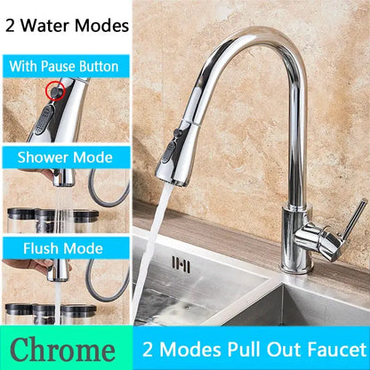 Brushed nickel kitchen faucet with chrome finish, pull-out dual-function spray head, and sleek arched spout by decorbites