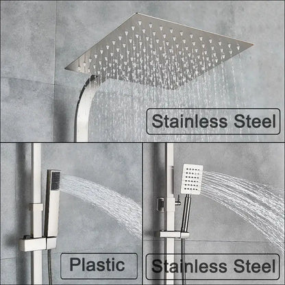 Square stainless steel brushed nickel rain shower head with multiple spray nozzles in decorbites brushed nickel rain system
