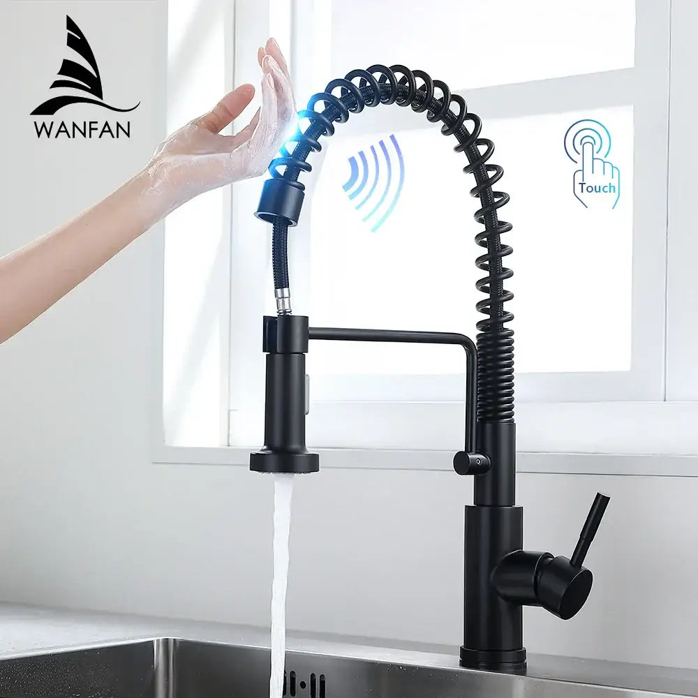 Black matte sensor kitchen faucet with flexible coiled pull-down spray and touch-sensitive brushed nickel design
