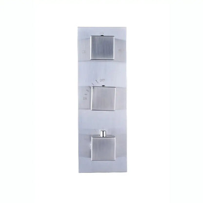 Brushed nickel thermostatic mixer valve with brushed stainless steel three-handle shower control and square knobs