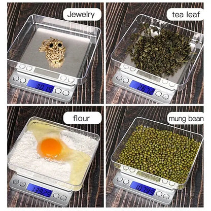 Gold owl-shaped jewelry piece on a brushed silver decorbites digital kitchen jewelry scale with blue lcd display