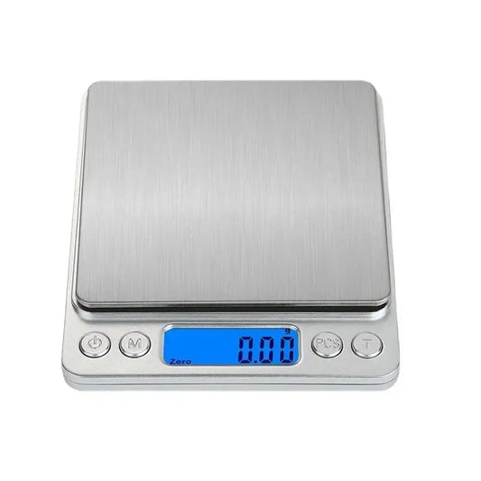 Brushed silver digital kitchen jewelry scale with brushed metal finish and blue lcd display by decorbites digital kitchen