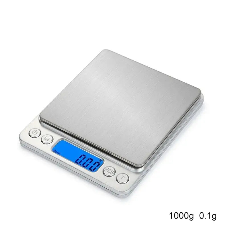 Brushed silver digital kitchen jewelry scale with blue lcd display and four control buttons by decorbites digital kitchen