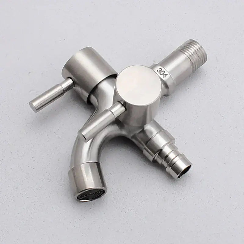 Brushed stainless steel 304 triple-handle washing machine faucet with dual spouts and threaded connections for garden sink