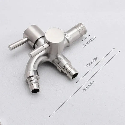 Brushed stainless steel 304 triple-function washing machine faucet with dual spout and threaded connections for garden sink