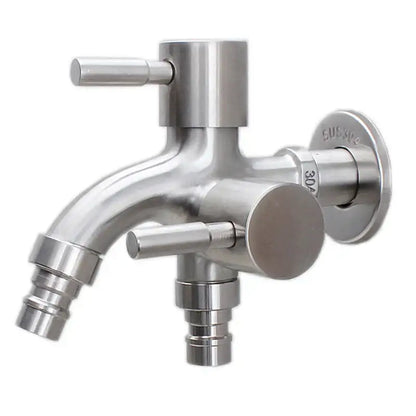 Brushed stainless steel dual spout washing machine faucet with polished finish for outdoor garden sink use