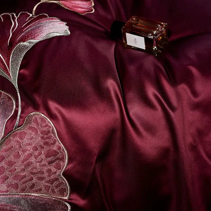 Burgundy and gold ginkgo biloba egyptian cotton bedding set with rich satin bedspread featuring metallic floral embroidery