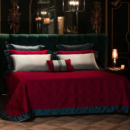 Luxurious burgundy velvet bedding set with teal silver quilted trim and egyptian cotton embroidery for bedroom use