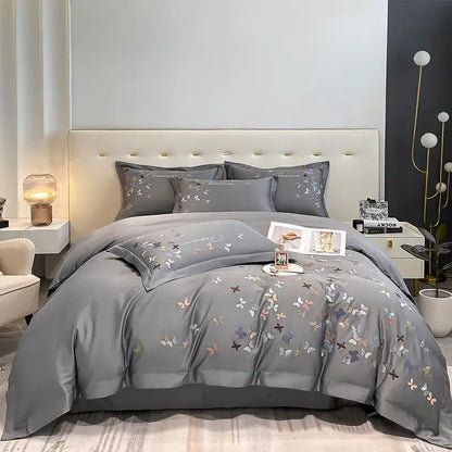 Gray satin-like bedding set with delicate pastel butterfly embroidery cotton decorbites butterfly embroidery design