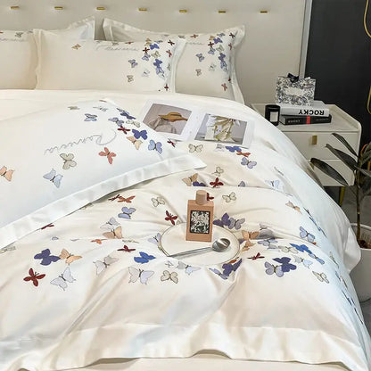 White satin bedding set with decorbites butterfly embroidery in blue purple and beige on cotton for bedroom decor
