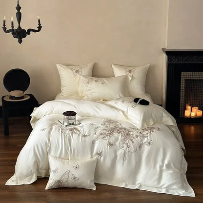 Cream satin bedding set with delicate silver decorbites butterfly flowers embroidery on duvet and pillows