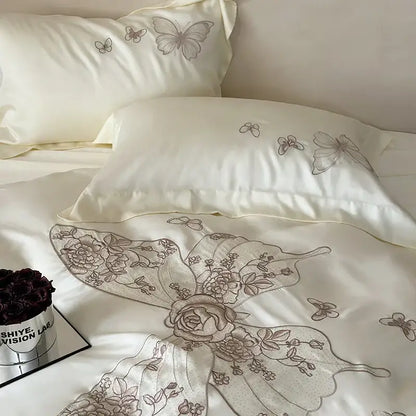 Cream satin bedding set with butterfly flowers embroidery in soft gray for elegant bedroom decorbites butterfly flowers