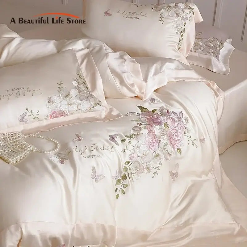 Cream satin bedding set with butterfly flowers embroidery featuring pink roses and white blossoms for decorbites bedroom decor