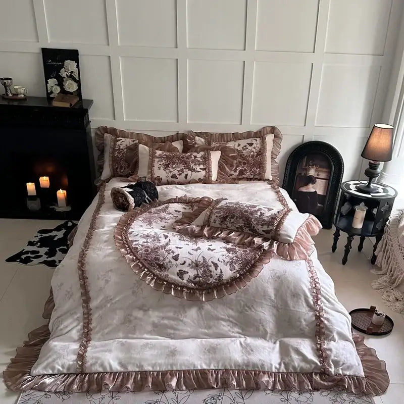 A cream and brown velvet butterfly flowers lace bedding set with intricate floral patterns and delicate ruffled edges