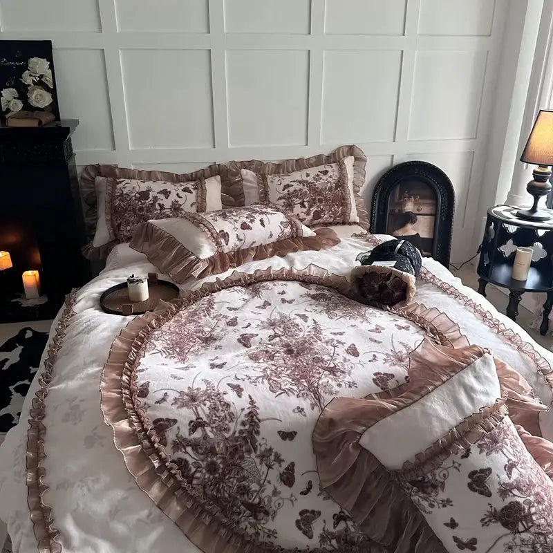 A luxurious cream and dusty rose bedding set with butterfly flowers lace featuring ruffled edges and soft cotton blend fabric