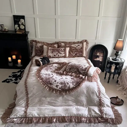 A cream and brown velvet bedding set with butterfly flowers lace pattern and delicate ruffled edges decorbites butterfly flowers