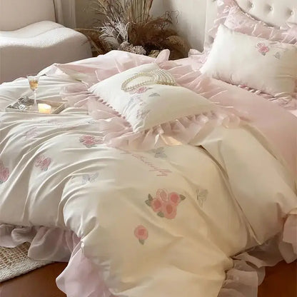 Pastel pink and cream bedding set with butterfly flowers lace ruffles and floral embroidery for bedroom decorbites butterfly flowers