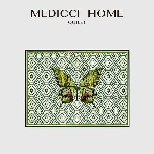Medici home outlet butterfly print throw pillow featuring a green and black butterfly on an off-white geometric decorbites butterfly print background