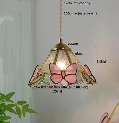 Delicate pink butterfly tiffany glass pendant light with copper accents and adjustable wire for dining room decorbites butterfly tiffany