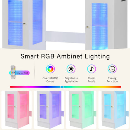 43.3 Vanity Desk With Large Mirror And Hollywood Bulbs, Modern Glass Top Makeup Vanity With Drawers And Power Outlet, Large Dressing Table With 3 Color Lighting Modes & RGB Cabinets For Bedroom