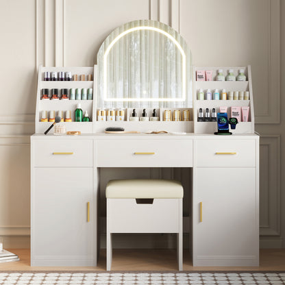 47.2 Makeup Vanity With Mirror And Light, Vanity Desk With Cushioned Storage Stool, Dressing Table With Two Organizers,3 Drawers And 2 Cabinets For Bedroom, White