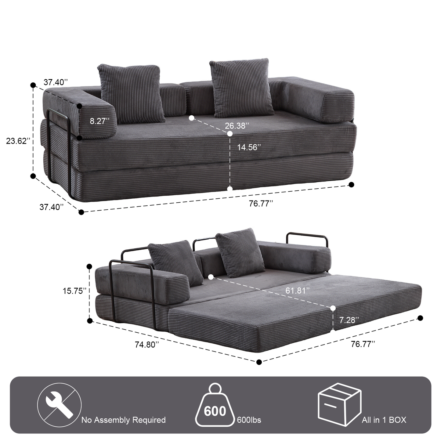 Floor Couch,Compression Sofa,Convertible Floor Sofa Bed-with Pillow Back Support Armrest,Comfy Futon Couch Lounge Sleeper Bed,Corduroy Fabric,for Living Room Bedroom  Dark Grey