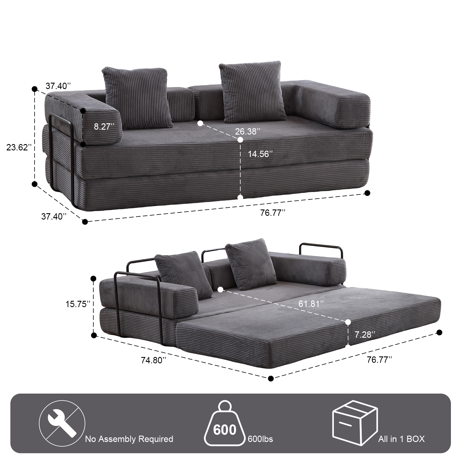 Dark Grey Corduroy Sofa Bed