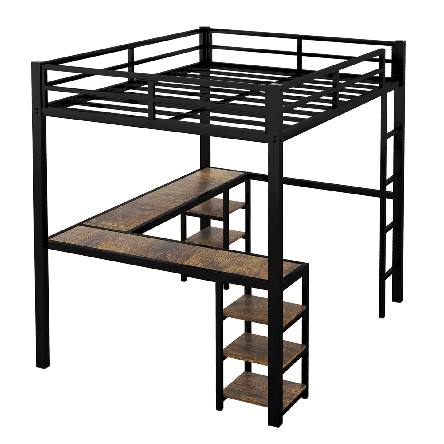 Full Metal Loft Bed With Desk And Shelves, Loft Bed With Ladder And Guardrails, Loft Bed Frame For B