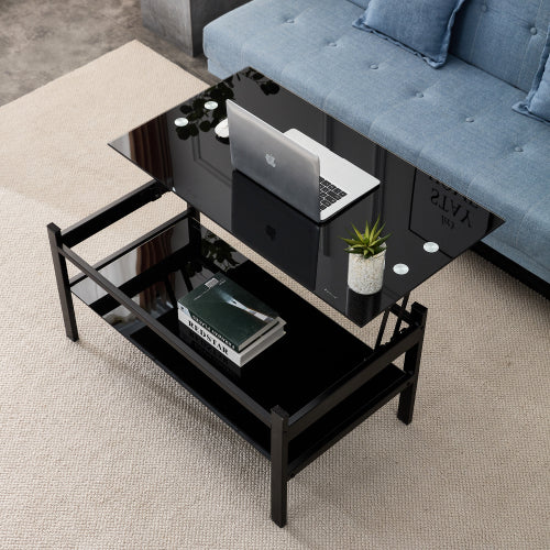 Black Glass Lift Top Table Two-Layer Storage
