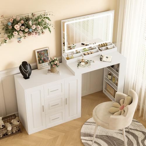 59Makeup Vanity Desk With Mirror, Vanity Mirror With Lights, Dressing Table With 3 Drawers And 2 Cabinets, Vanity Table With Storage Shelves For Bedroom, White