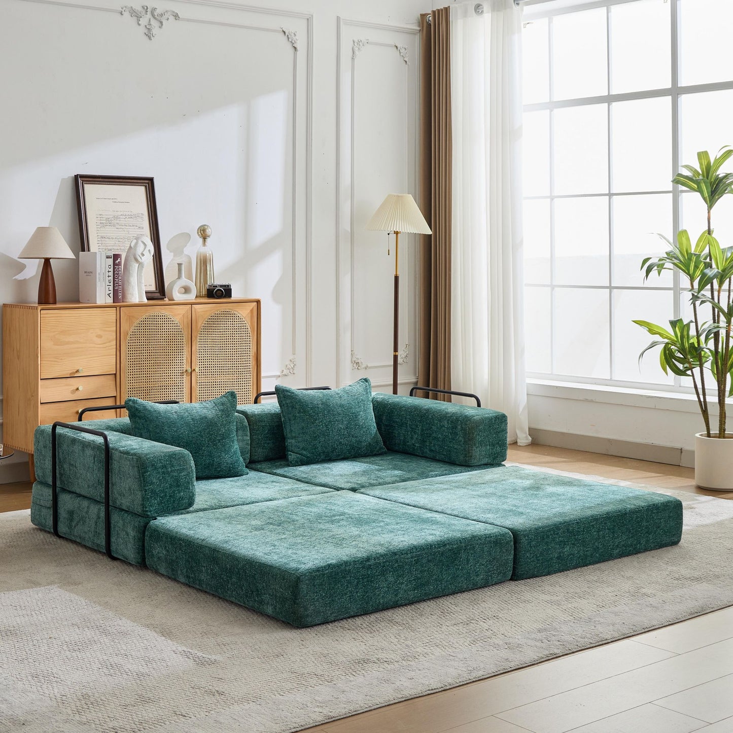 Compression Sofa,Convertible Floor Sofa Bed With Fixed-Shape Frame, Loveseats Boneless Modular Sectional Sofa,No Assembly Required,Chenille Fabric,for Living Room Bedroom,Dark Green