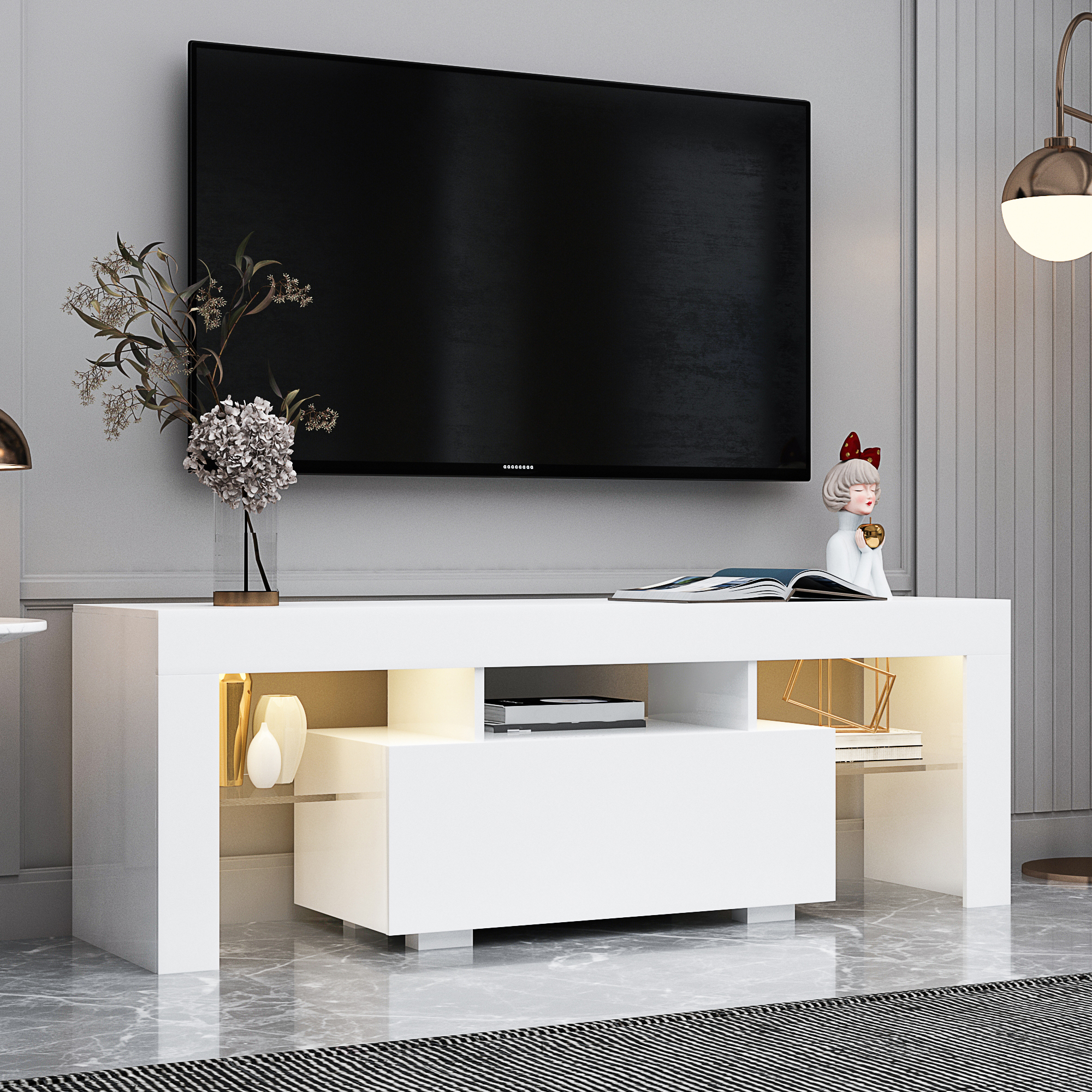 White Modern TV Stand LED Lighting 50-59in