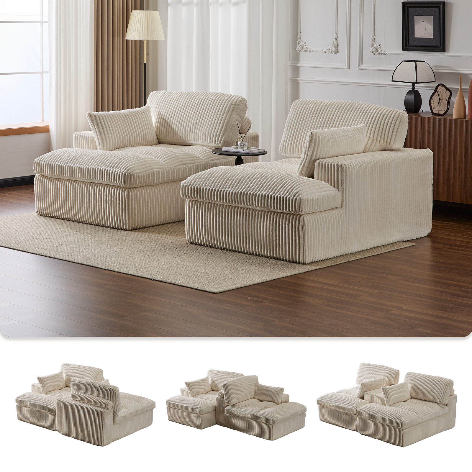 White Corduroy Chaise Lounge Roomy No-Setup