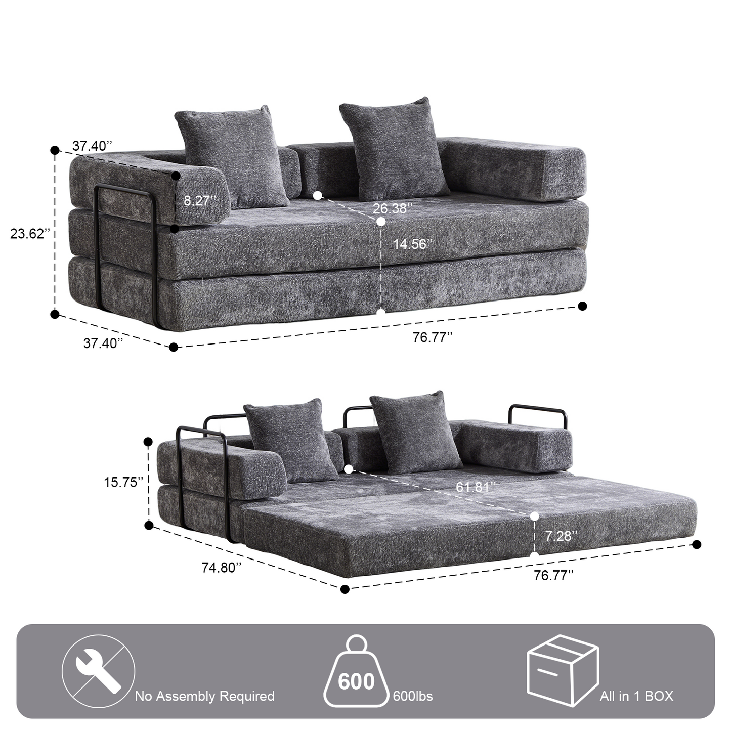Floor Couch,Compression Sofa,Convertible Floor Sofa Bed-with Pillow Back Support Armrest,Comfy Futon Couch Lounge Sleeper Bed,Chenile Fabric,for Living Room Bedroom DARK-GREY