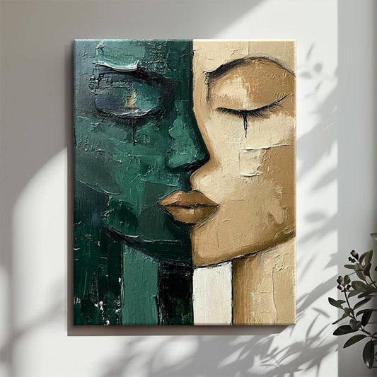Hand-Painted Oil Painting Modern Art Picture Green And Beige Face Home Living Room Bedroom Bathroom Canvas Wall Art Decor