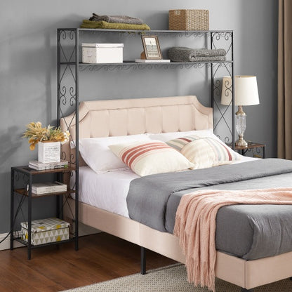 Queen Bed Frame With 2 Nightstands Headboards With Storage Cabinet, Headboard With Shelves, Bookcase Headboard Queen Easy Assembly For Bedroom Iron And Wood Rustic Brown