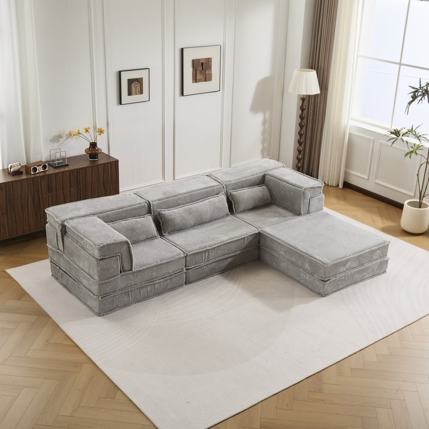 Compression Mahjong Sofa,Convertible Floor Sofa Bed,DIY Boneless Modular Sectional Sofa,No Assembly Required,Circle Fleece Fabric,Oversized 3 Seater With 1 Ottoman,Light-grey