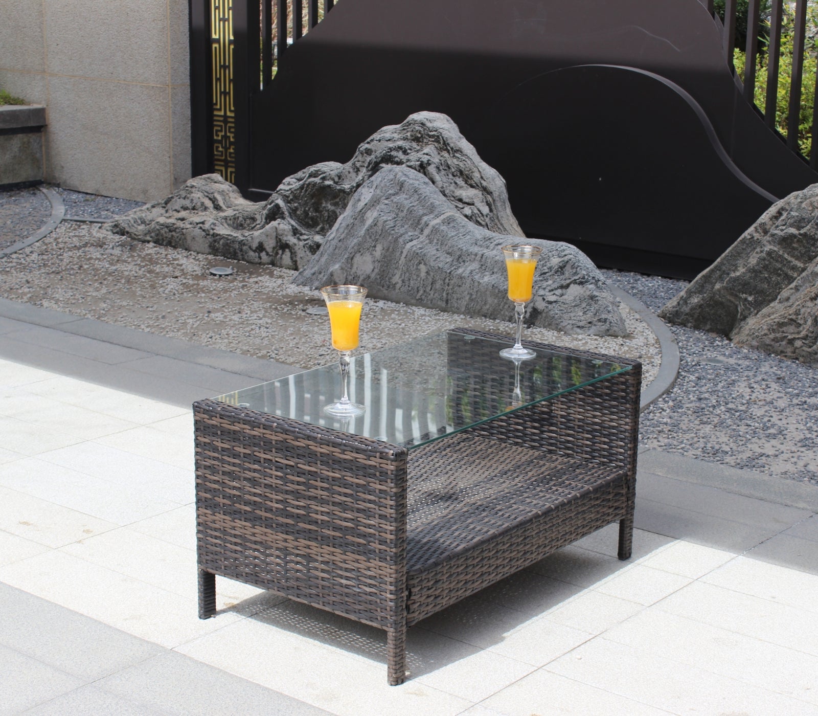Brown Iron Coffee Table Tempered Glass Patio