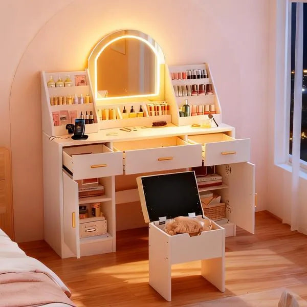 47.2" Makeup Vanity With Mirror And Light, Vanity Desk With Cushioned Storage Stool, Dressing Table With Two Organizers,3 Drawers And 2 Cabinets For Bedroom, White