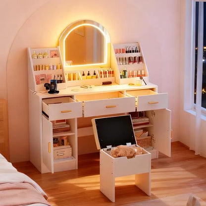 47.2" Makeup Vanity With Mirror And Light, Vanity Desk With Cushioned Storage Stool, Dressing Table With Two Organizers,3 Drawers And 2 Cabinets For Bedroom, White