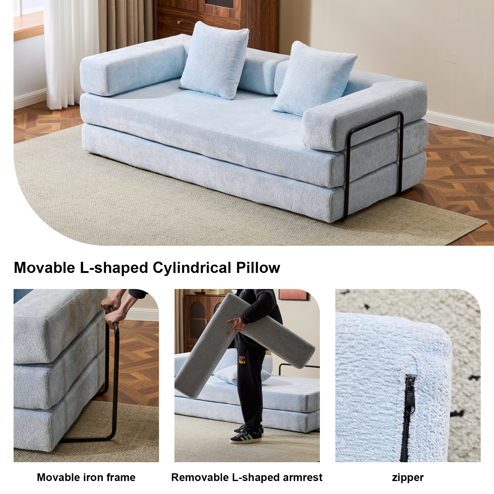 Blue Chenille Convertible Sofa