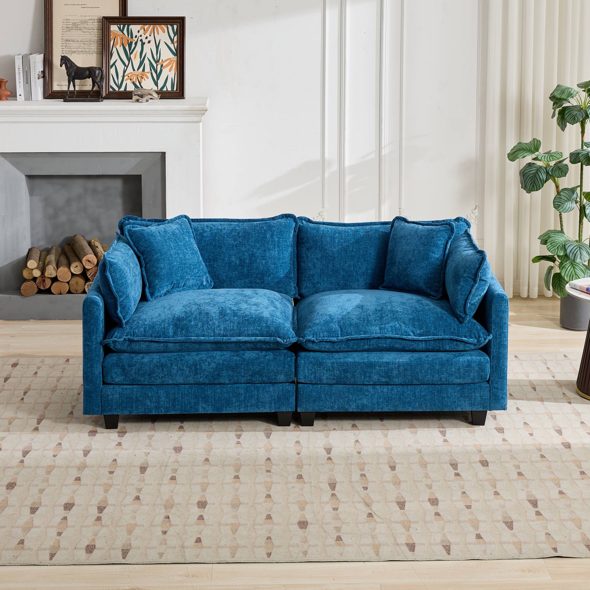 Blue Chenille Loveseat Sofa