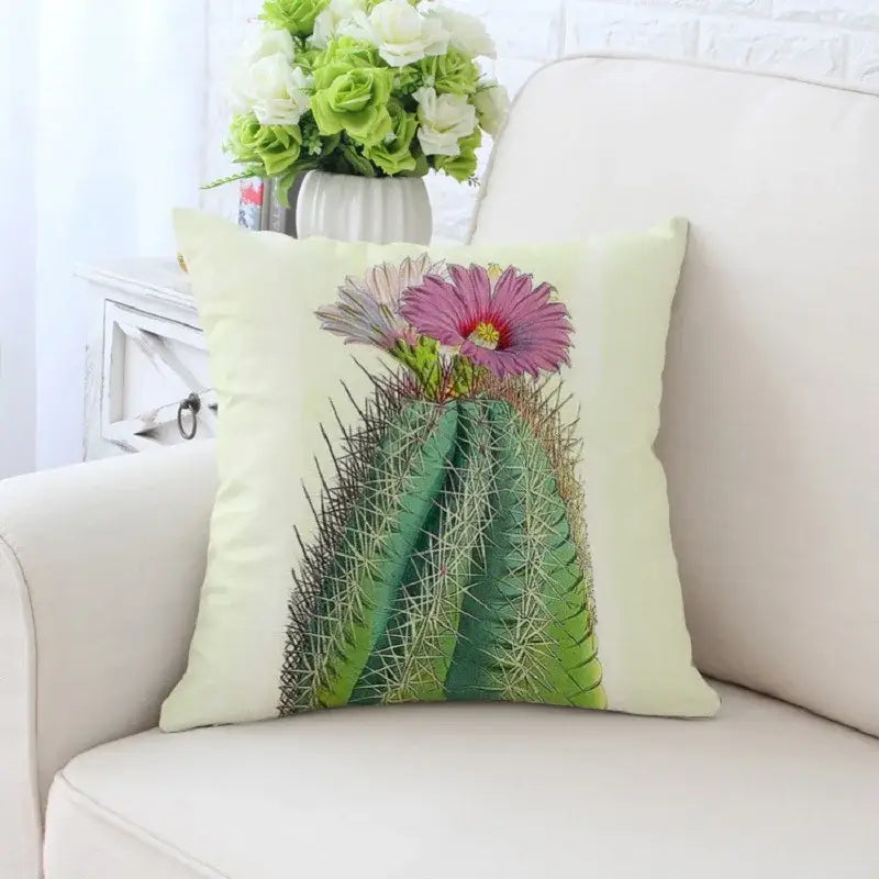 Light green decorative pillowcase with decorbites cactus hand painting featuring spines and pink flowers for sofa decor