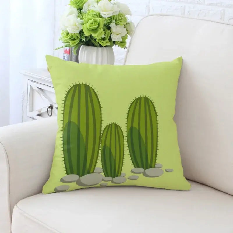 Lime green decorative pillowcase with decorbites cactus hand painting featuring a cartoon cactus design for sofa decor